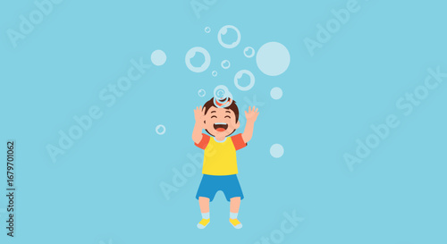 Digital illustration of a happy child playing with bubbles, fun and joy concept
