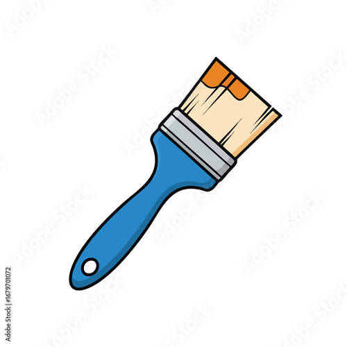 A blue handled paintbrush with orange paint on the bristles.