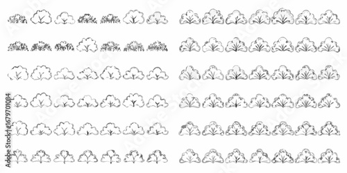 Collection of hand drawn stylized bushes and shrubs in various shapes and sizes for design