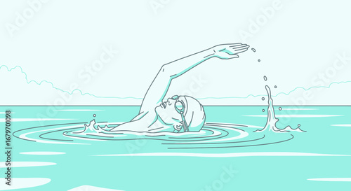 Disciplined Swimmer Gliding Through Water With Artistic Illustration And Minimalist Style