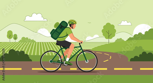 Cyclist Adventuring On Bicycle Through Picturesque Landscapes With Green Fields