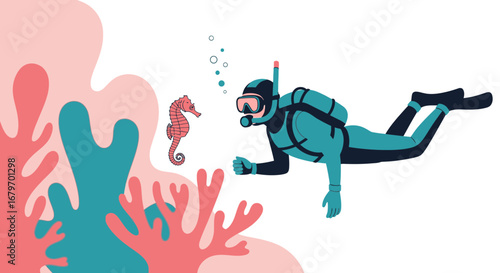 Diver And Seahorse Underwater Exploration Depicting Marine Life And Colorful Reefs Scene
