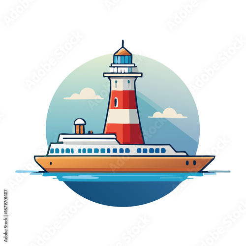 Cartoon style illustration of a red and white lighthouse on a ferry boat