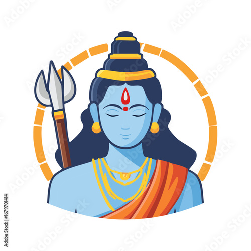 Illustration of deity with trident and orange shawl, religious icon design