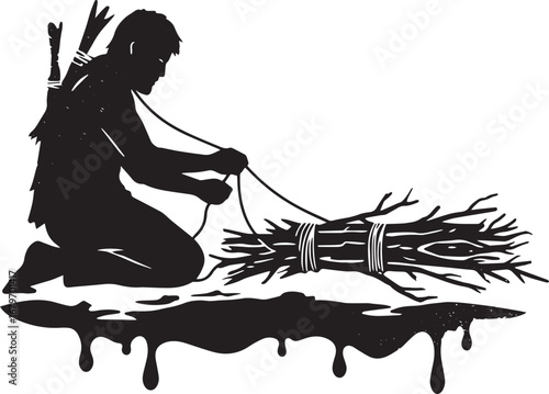Monochrome silhouette depicting a figure preparing a bundle of f