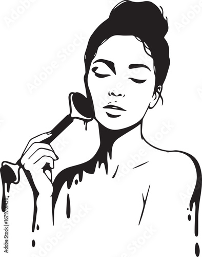 Woman using a jade roller for skincare routine in black and whit