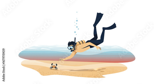Diver Approaches Crab On Beach, Colorful Illustration Depicting Summer Scenery