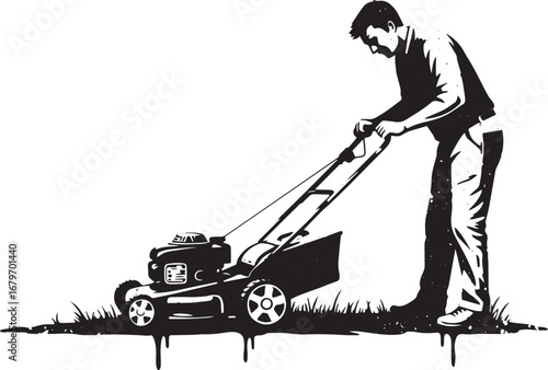 Monochrome rendition of a man pushing a lawnmower across the gra