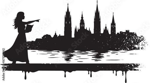 Silhouette of a woman with cityscape, vector art, black and whit