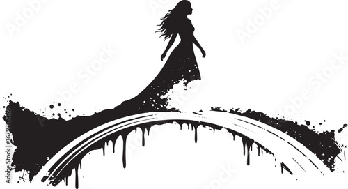 Silhouette of woman walking on rainbow with celestial gown illus
