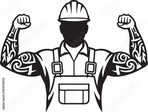 Stylized silhouette of a strong construction worker flexing musc