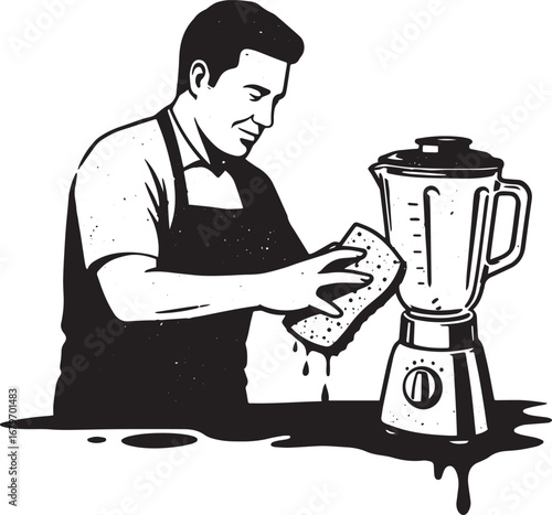 Illustrated man cleaning a blender, promoting kitchen hygiene an