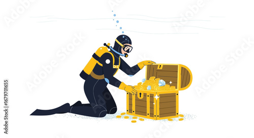 Diver Discovering A Valuable Treasure Chest Full Of Shiny Gold And Rare Gems