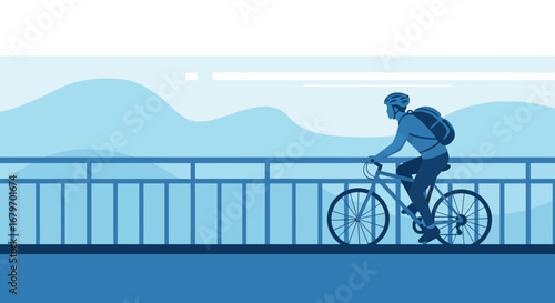 Cyclist Cycling Across Bridge in Minimalist Blue Style, Representing Active Lifestyle