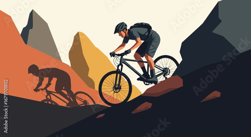 Cyclist Descending Rocky Mountain Trail In Graphic Illustration For Outdoor Adventures