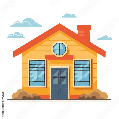 Charming cartoon yellow house with red roof and blue windows