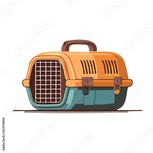 Isolated orange and teal pet carrier with handle and grid front