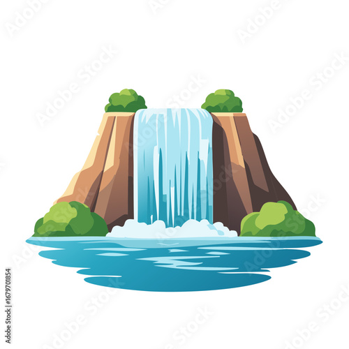 Cartoon waterfall illustration with water flowing from a rocky cliff into a lake
