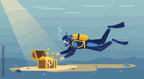 Diver discovering treasure underwater in a vector illustration style no special characters