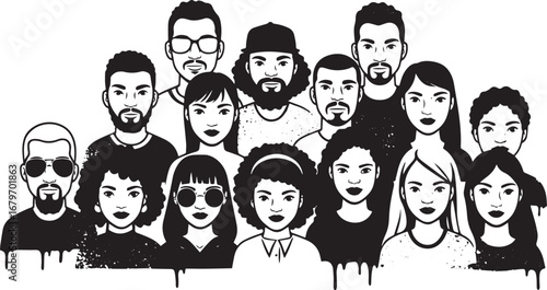 Diverse faces: a black and white graphic representation of cultu