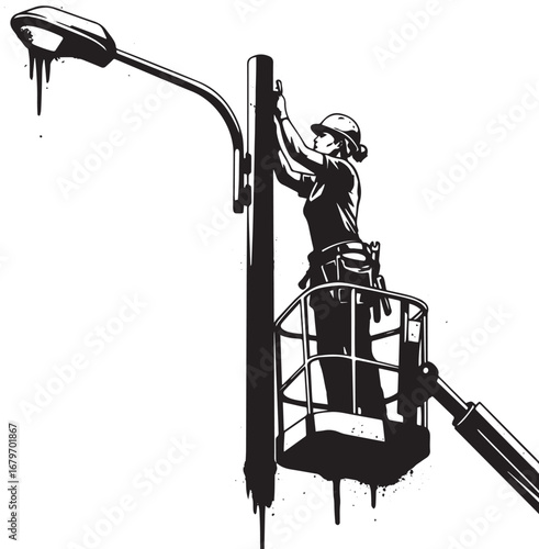 Female electrical worker repairing street light in black and whi