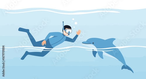 Diver Encounter with Dolphin in Ocean Water, Artistic Marine Wildlife Interaction