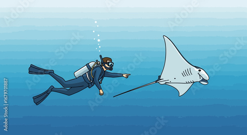 Diver Encounter With Manta Ray In The Depths Of The Ocean, Exploring Aquatic Life