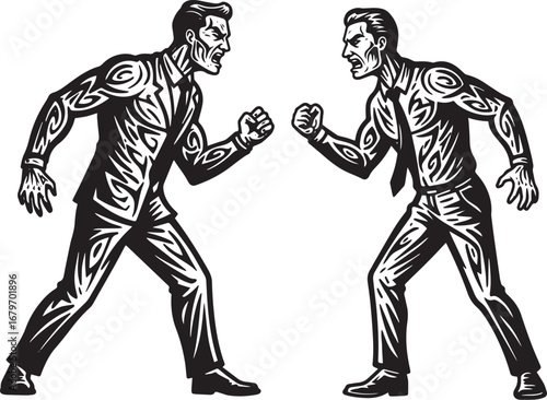 Stylized confrontation: Two businessmen face off in illustrated