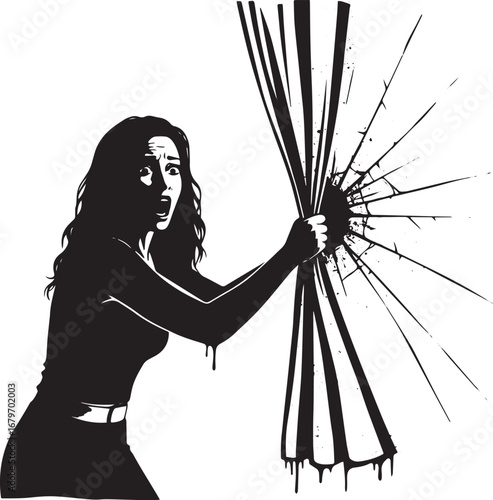 Distressed woman pulling cracked glass, symbolizing fear or barr