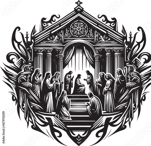 Religious Icon Depicting a Ceremony or Gathering in a Church Setting with Figures Present