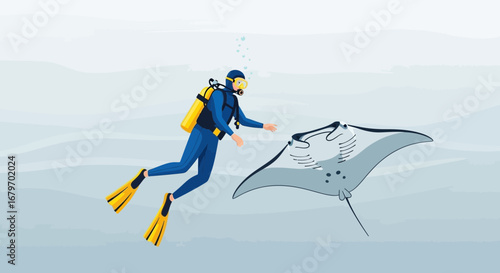 Diver Encountering A Manta Ray: Underwater Exploration And Marine Life Interaction