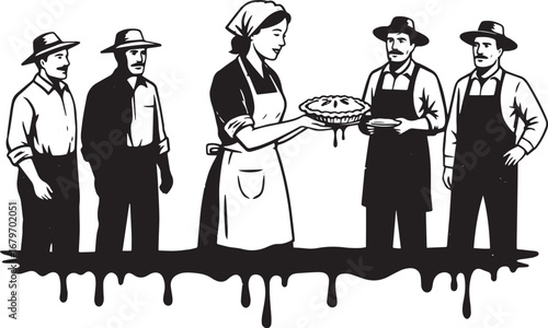 Vintage illustration of a woman offering pie to a group of farme