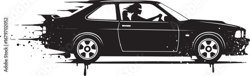 Dynamic black and white illustration of a classic car in motion