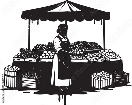 Monochrome vendor woman at farmers market with abundance of fres