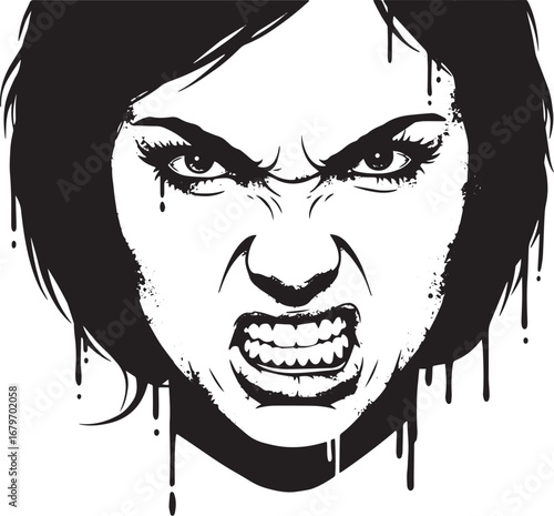 Intense monochrome portrait of a woman conveying fury and aggres