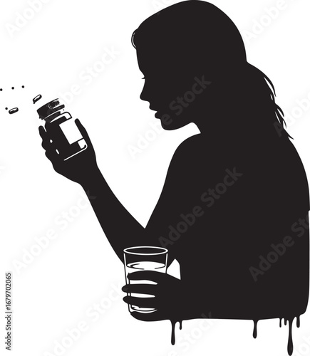 Silhouette illustration of a woman taking medication with water