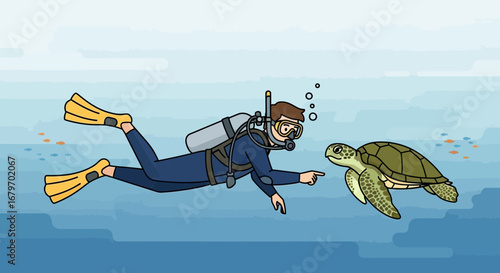Diver Encountering a Sea Turtle Undersea: A Colorful Illustration of Marine Life