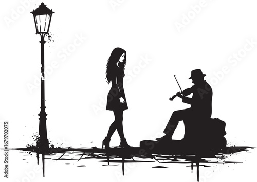 A captivating urban scene: Silhouette of a woman walking past a