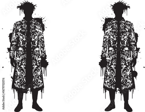 Mysterious figures in patterned robes, artistic shadowy presenta