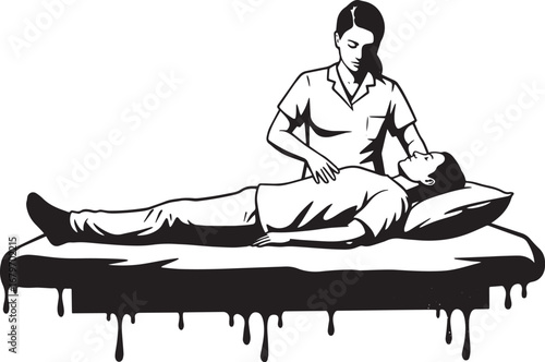 Monochrome depiction of a patient receiving assistance from a ca