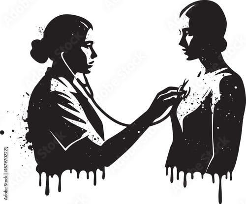 Black and white illustration of a doctor examining a patient's h