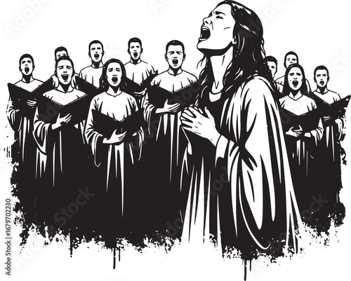 Monochromatic depiction of a choir singing with powerful female