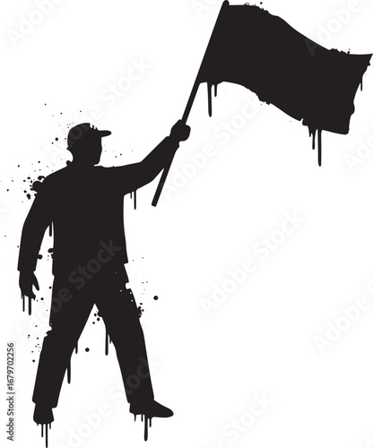 Silhouette of a protester waving a flag with paint splatters for