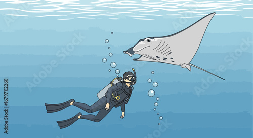 Diver Encounters Majestic Manta Ray Underwater Oceanic Exploration Illustration