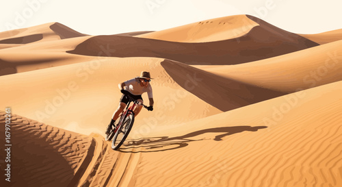 Cyclist explores desert dunes riding a mountain bike through the sand in a sunny day