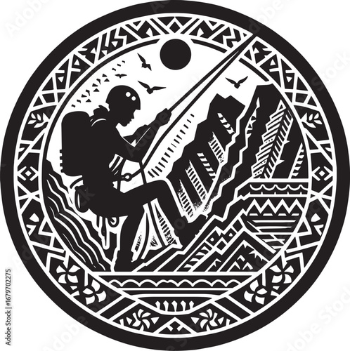 Adventure Icon: Silhouette of a Climber Rappelling Down a Mountain Within a Circular Design