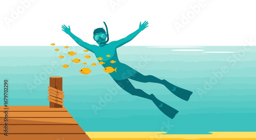 Diver Enjoys Underwater Realm with School Of Fish and Serene Water Scenery