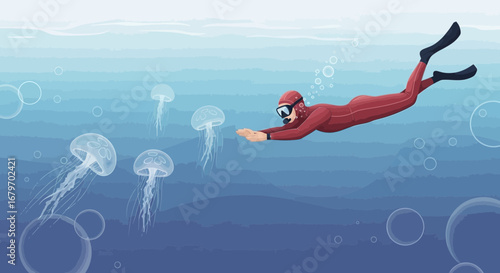 Diver Explores The Underwater Realm Encountering Translucent Jellyfish And Bubbles