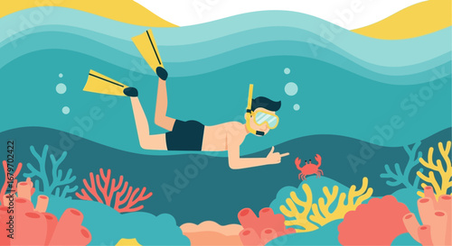 Diver explores the underwater world with crab and coral reef illustration