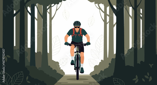 Cyclist Navigates Forest Trail, Engaging In A Forest Adventure Amongst The Green Canopy